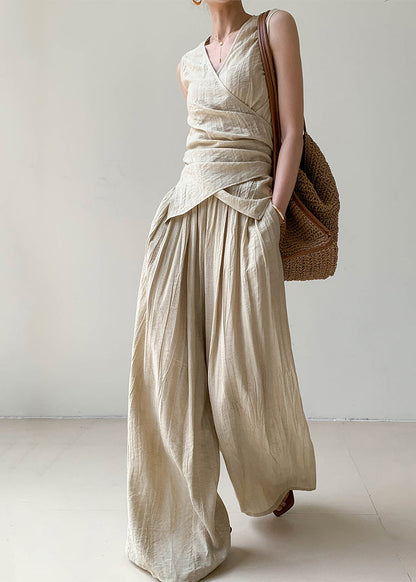 Boutique Apricot V Neck Wrinkled Linen Vest And Wide Leg Pants Two Pieces Set Summer AN1025 Genistyle Shop