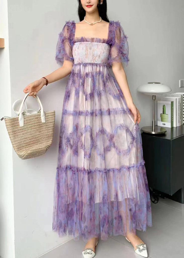 Princess Purple Square Collar Ruffled Print Tulle Long Dress Summer AZ1006 shopify