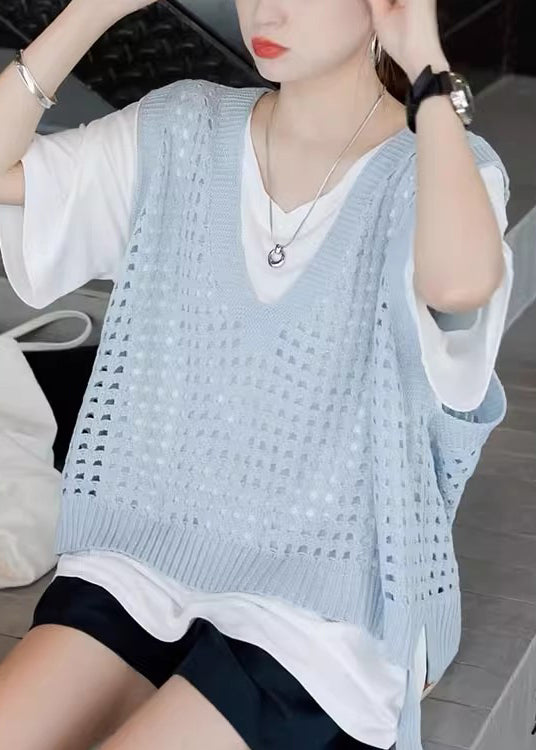 French Blue V Neck Hollow Out Knit Vest Summer QC035 shopify