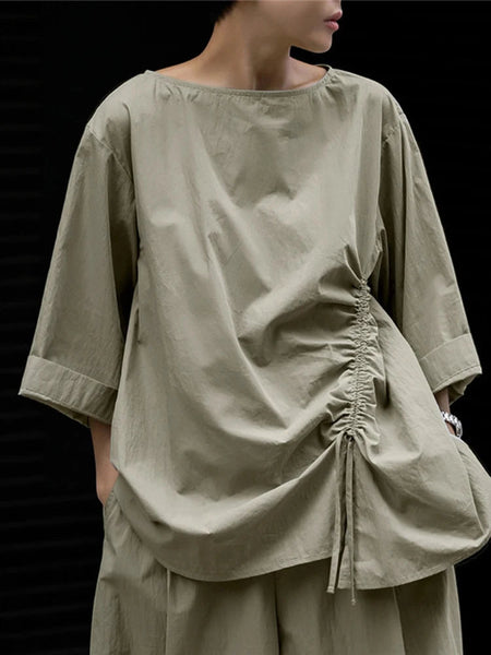 Casual Cotton Top Drawstring Sleeve Khaki Half Asymmetrical FashionChic