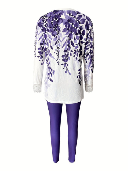 Chic Lace-Trimmed Two-Piece Set: Comfy Crew Neck Top & Sleek Skinny Pants for Every Occasion Furdela