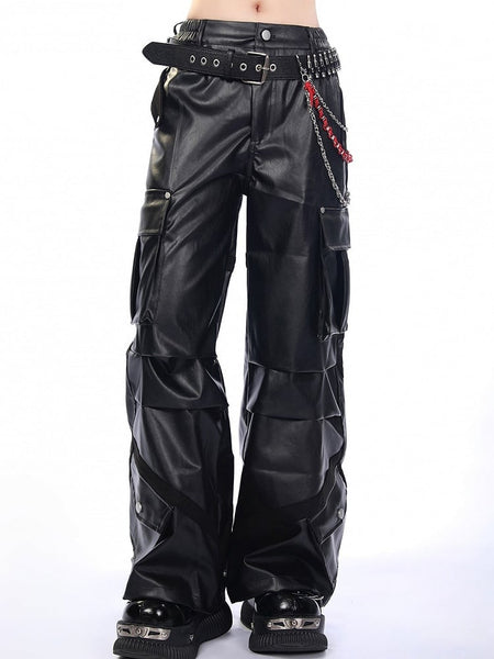 Waistband Pants Techwear Pockets Ruffle Black with Glossy Cargo Partial Tiered Elastic FashionChic