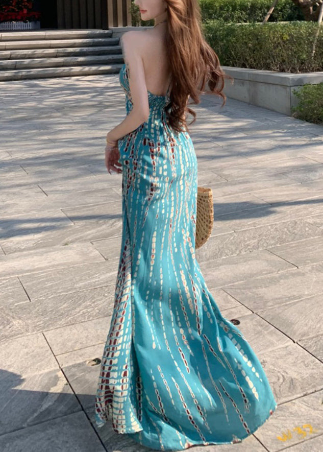 Print Dress Sleeveless Backless Blue Vacation Cotton Stylish FashionChic