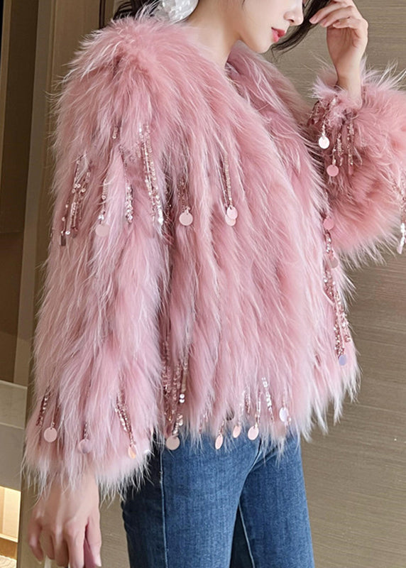 Cute Pink O-Neck Tassel Leather And Fur Coats Winter WV032 ABC