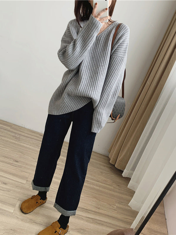 Vintage Caramel V-Neck Long Sleeves Striped Knit Sweater QX001 shopify