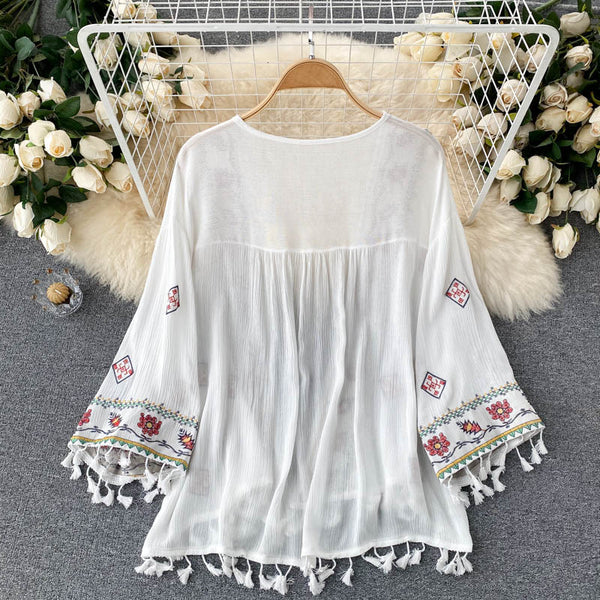Bohemian White Embroidered Three-quarter sleeves Splicing Tassel Cardigan AR1023 shopify