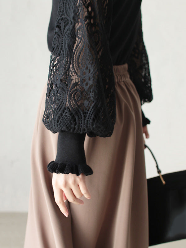 Tempermant Black Round-Neck Patchwork Hollow Lace Long Puff Sleeves Sweater QX011 shopify