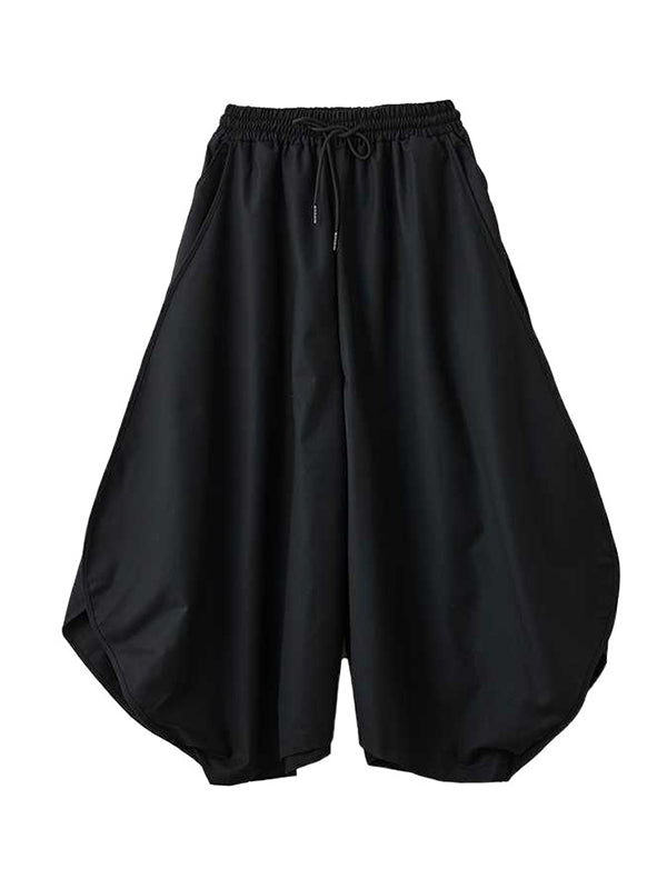 Vintage Black Drawstring Elasticity High Waisted Pockets Culotte Pants TW025 ABC