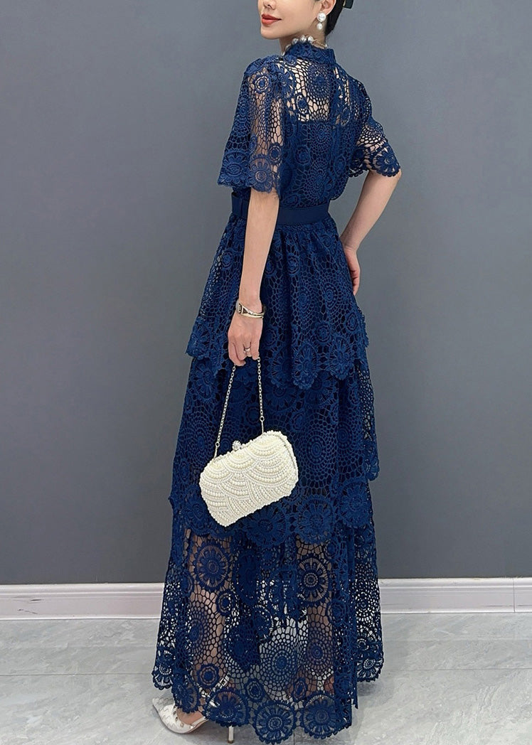 Chic Navy V Neck Sashes Hollow Out Lace Long Dresses Summer AO1013 JDML-SDL240909