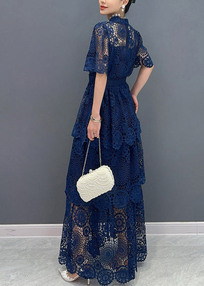 Chic Navy V Neck Sashes Hollow Out Lace Long Dresses Summer AO1013 JDML-SDL240909