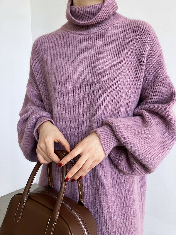 Urban Loose Purple High-Neck Long Puff Sleeve Sweater Dress AN1052 Genistyle Shop