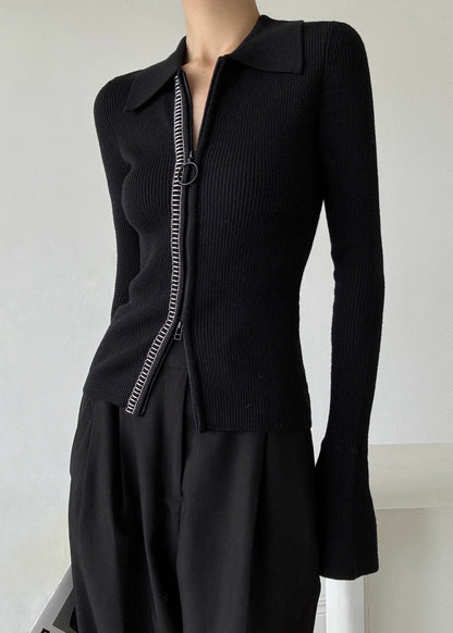 Italian Black Peter Pan Collar Zip Up Patchwork Woolen Sweaters Winter RV028 ABC