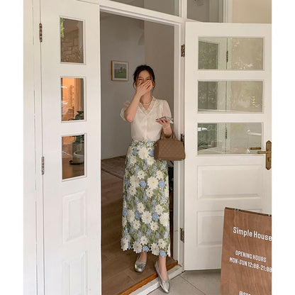 Floral Green Straight Elegant Embroidery Skirt FashionChic