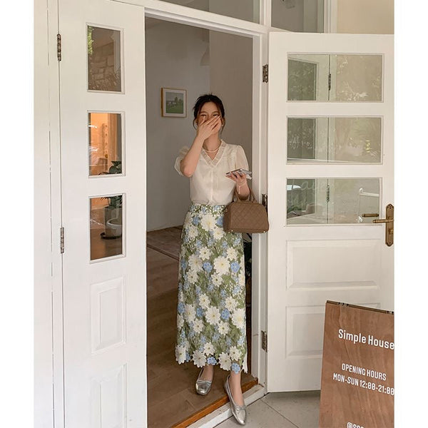 Straight Floral Green Elegant Skirt Embroidery FashionChic
