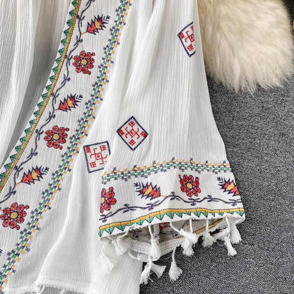 Bohemian White Embroidered Three-quarter sleeves Splicing Tassel Cardigan AR1023 shopify
