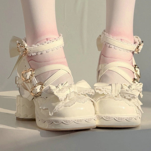 - Heart Heel Cake with Mary Bow Buckle Platform Details Lolita High-heel White Janes Sweet FashionChic