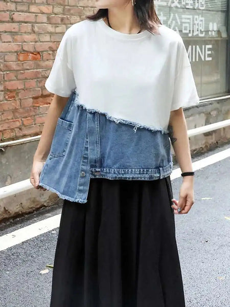 Denim Street Patchwork Sleeve White Short T-Shirt O-neck Hem FashionChic