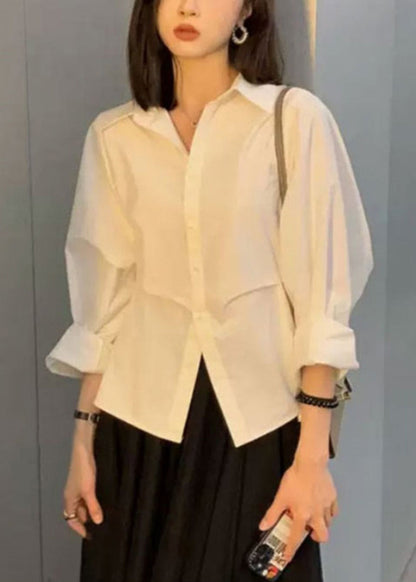 White Loose Pan Peter Button Collar Cotton Blouse Patchwork FashionChic