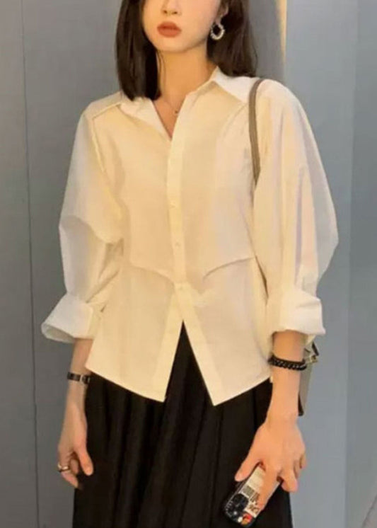 White Loose Pan Peter Button Collar Cotton Blouse Patchwork FashionChic
