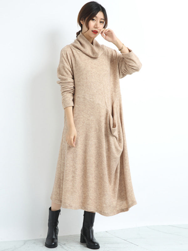 Casual Loose Cream Heaps Collar Pockets Long Sleeve Knit Dress AN1074 Genistyle Shop