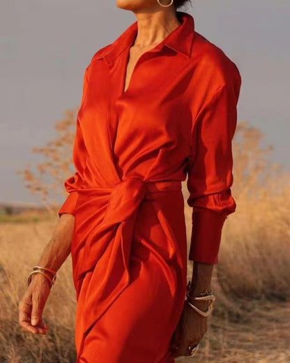 Red Satin Wrap Shirt Maxi Dress QB034 GSK-241025