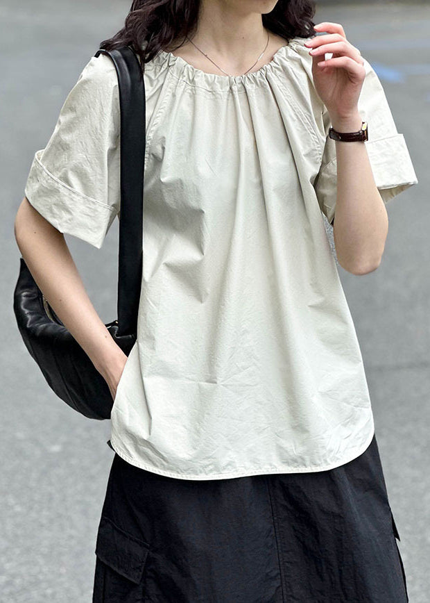 Simple Apricot O Neck Side Open Cotton T Shirt Summer AF1065 HS-STP240914