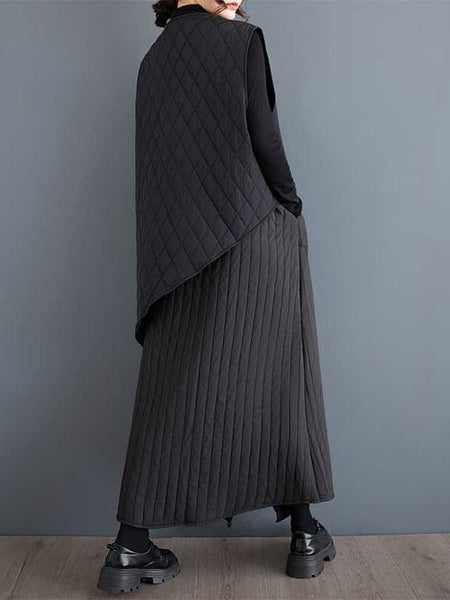 Casual Black Round-Neck Asymmetric Buttoned Quilted Sleeveless Padded Vest TW014 ABC