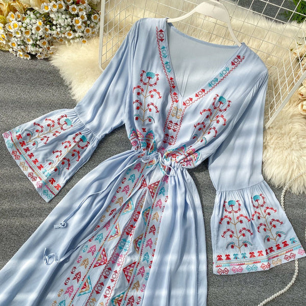 Ethnic Yellow V-Neck Embroidery Drawstring Waist Trumpet Sleeve Dress AR1008 shopify