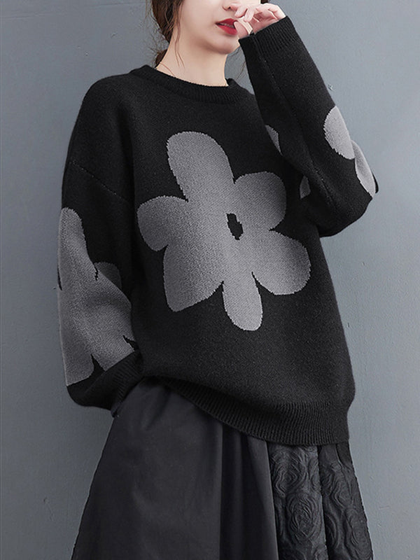 Cute Loose Black Round-Neck Contrast Color Flower Long Sleeve Sweater AN1070 Genistyle Shop