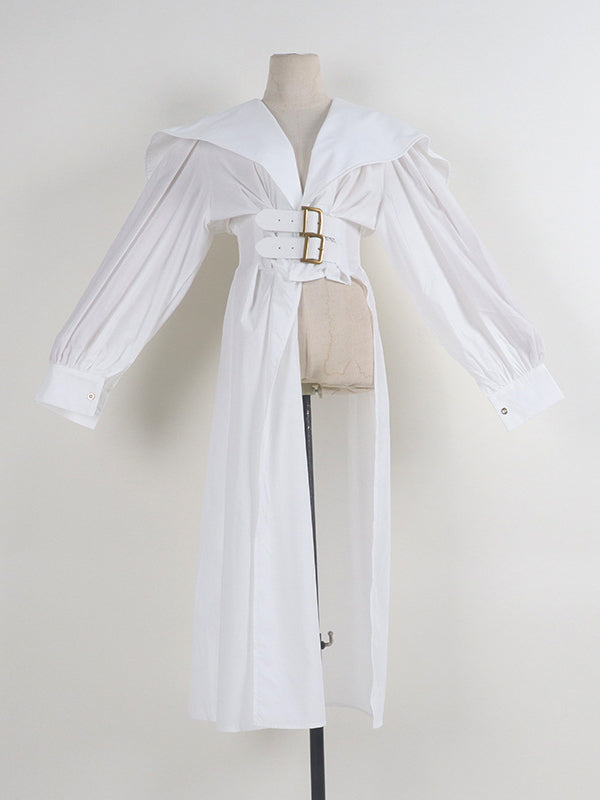 Pleated Black Asymmetric Lapel Waisted Long High Modern Belted FashionChic