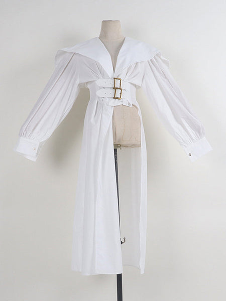 Pleated Black Asymmetric Lapel Waisted Long High Modern Belted FashionChic