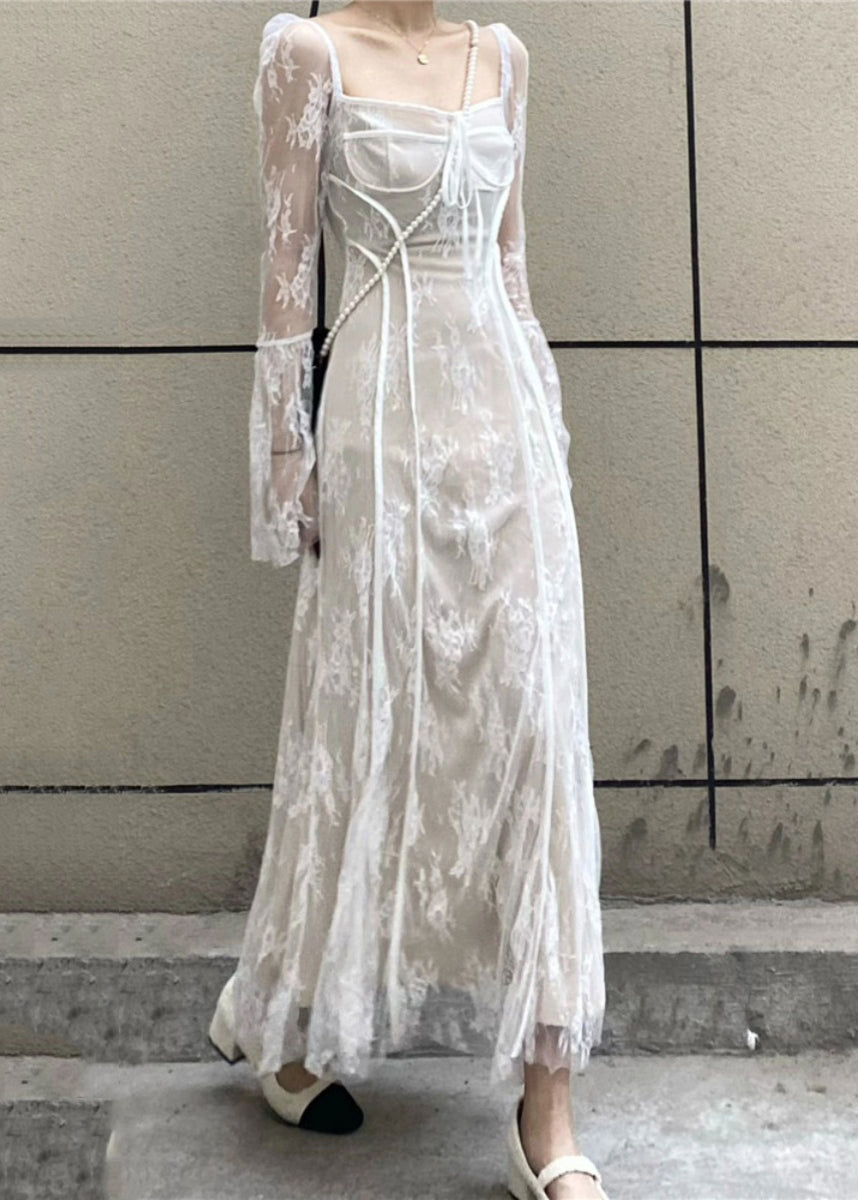 French Black Square Collar Patchwork Lace Long Dress Flare Sleeve AZ1028 shopify