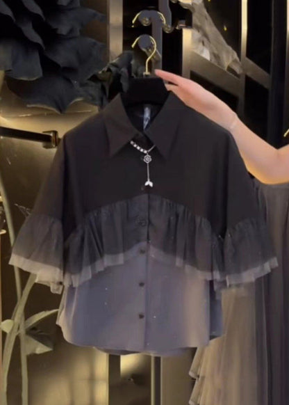 French Black Wrinkled Button Tulle Patchwork Shirt Summer NN042 shopify