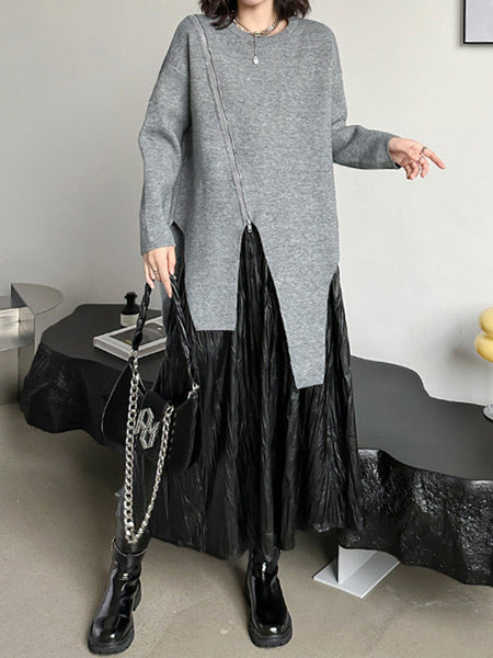 Street Grey Round-neck Zipper Decor Irregular High-low Hem Long Sleeve Sweater AN1067 Genistyle Shop
