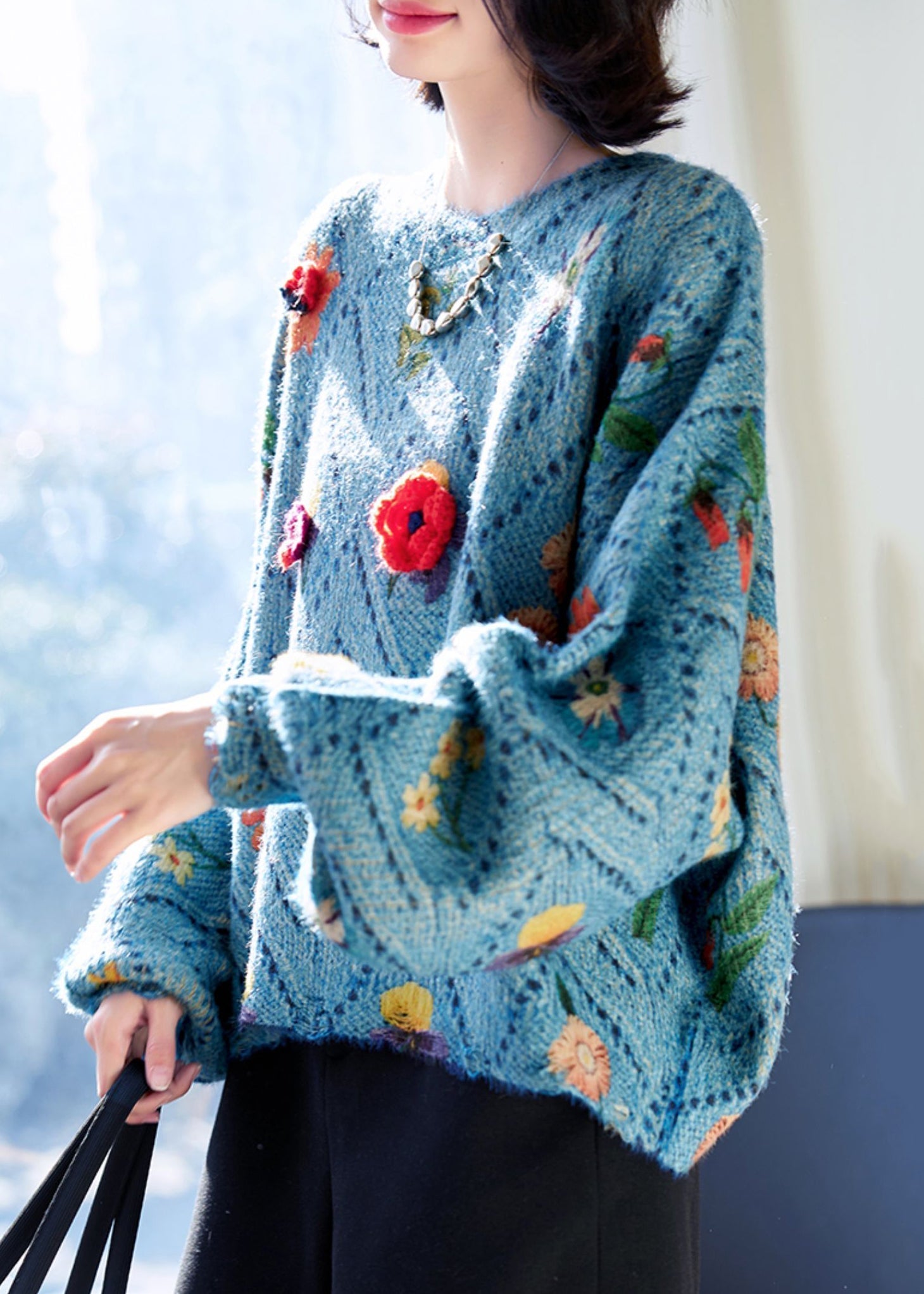 Floral Blue O-Neck Hollow Out Knit Sweaters Fall QC032 shopify