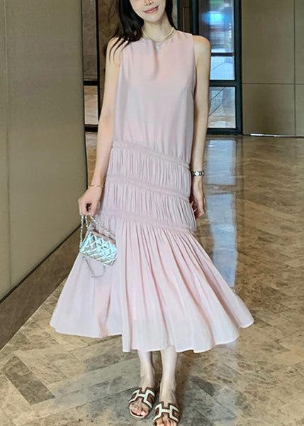 Elegant Pink Wrinkled Solid Long Dress Sleeveless QP036 OL-SDL241001