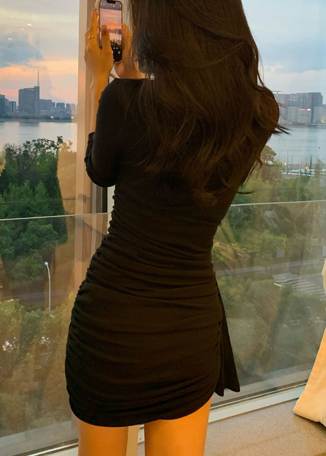 Spring Nail Bead Dress V Neck Fit Slim Cotton Mid Black FashionChic