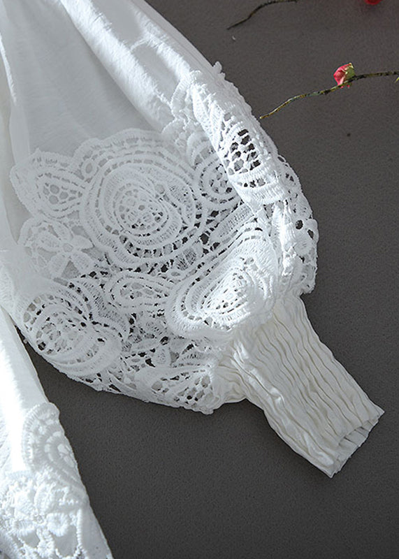 French White O-Neck Wrinkled Patchwork Hollow Out Shirt Long Sleeve NN036 shopify