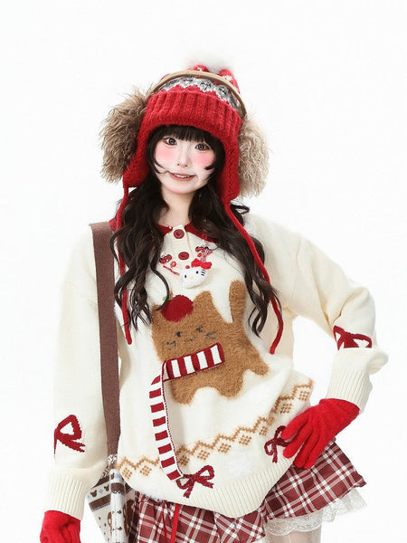 Daily Accents Motifs Strap Sweater Christmas Kawaii with Cat Striped Red/Apricot FashionChic