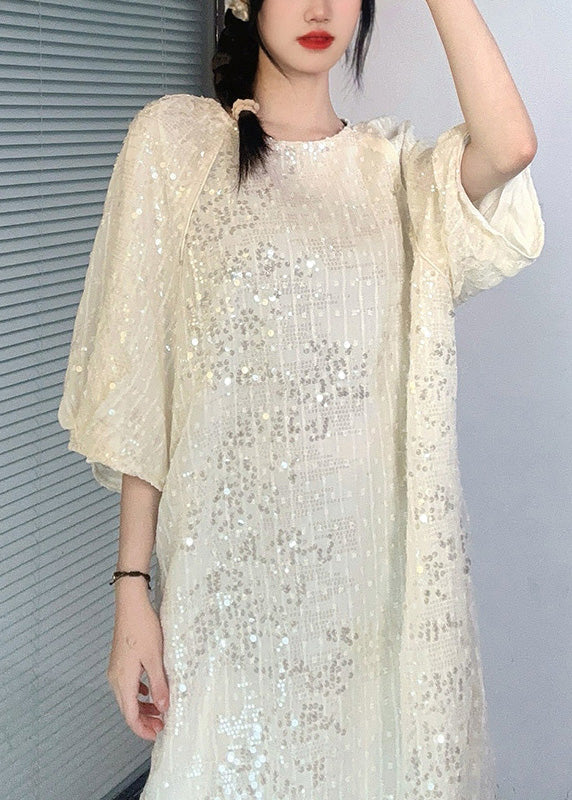 French Apricot O-Neck Sequins Mid Dress Summer AO1066 JDML-SDM240909