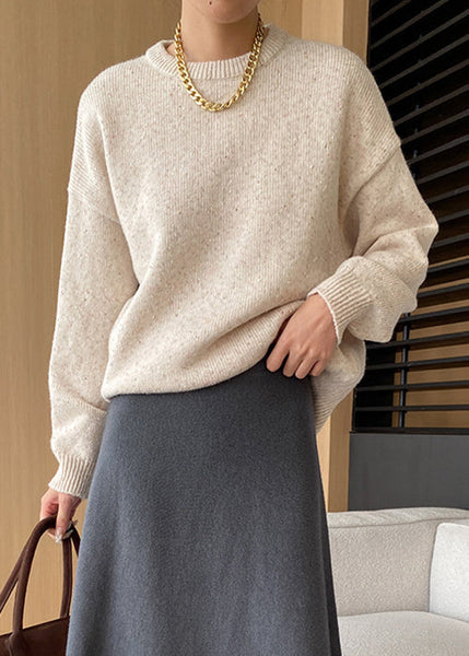 Loose Apricot O Neck Solid Cozy Knit Sweaters Fall AF1011 HS-NTP240914
