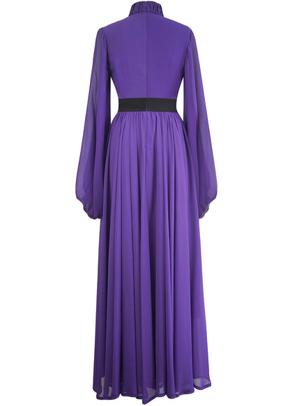 Stand Silk Wrinkled Italian Purple Long Dresses Lantern Collar FashionChic