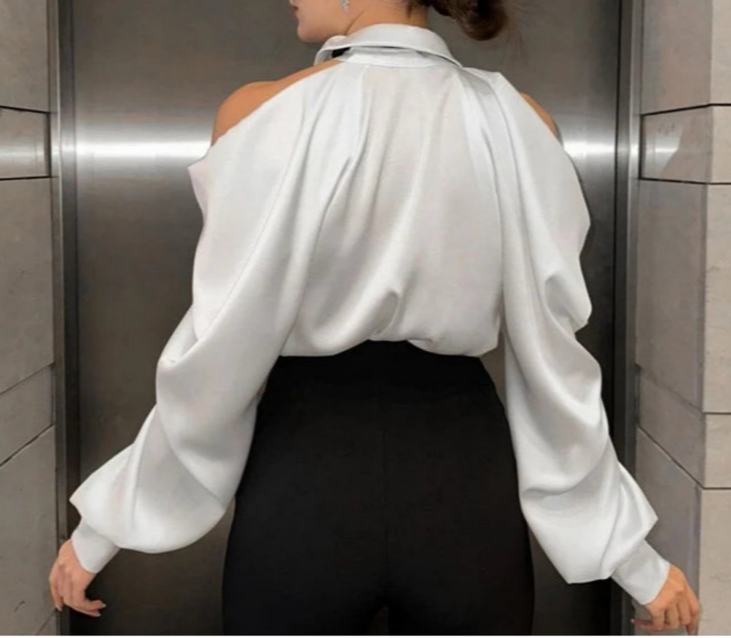 Satin Off Tie Top Sleeve Party Long Shoulder Lapel White with FashionChic