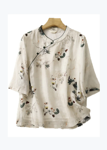 Grace Beige Stand Collar Print Linen Tops Summer QR022 GSK-240929