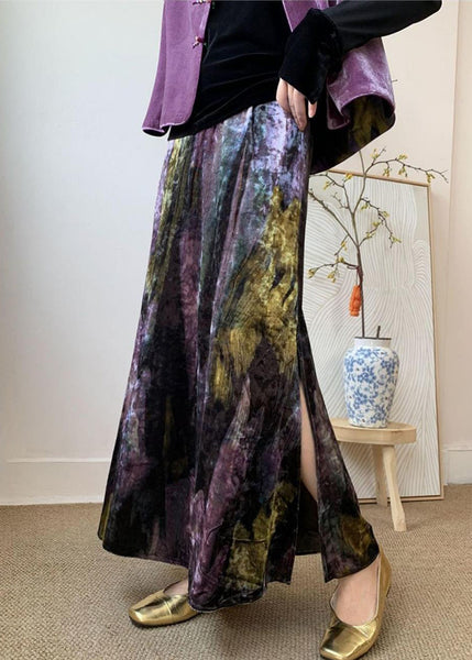 Dye Velvet Loose Silk Purple Tie Elastic Skirts Side Open Waist FashionChic
