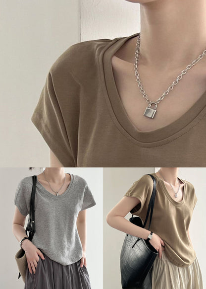Summer Solid Simple Coffee T Neck O Shirt Cotton FashionChic