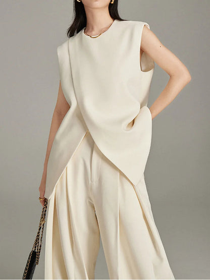 Modern Sleeveless Slit Tunic Top Hem O-neck Cream FashionChic