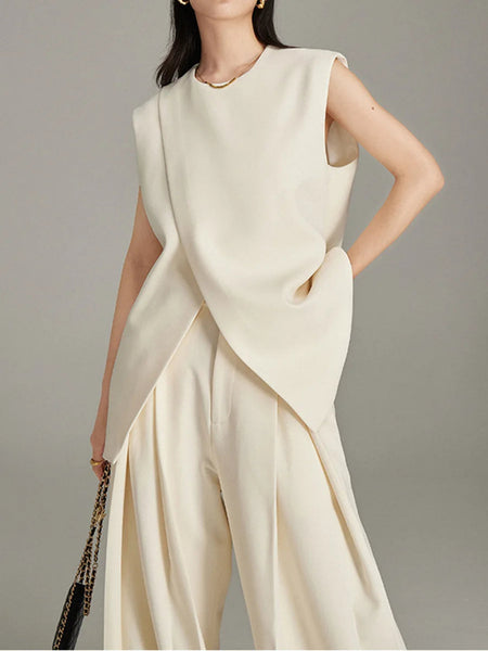 Modern Sleeveless Slit Tunic Top Hem O-neck Cream FashionChic