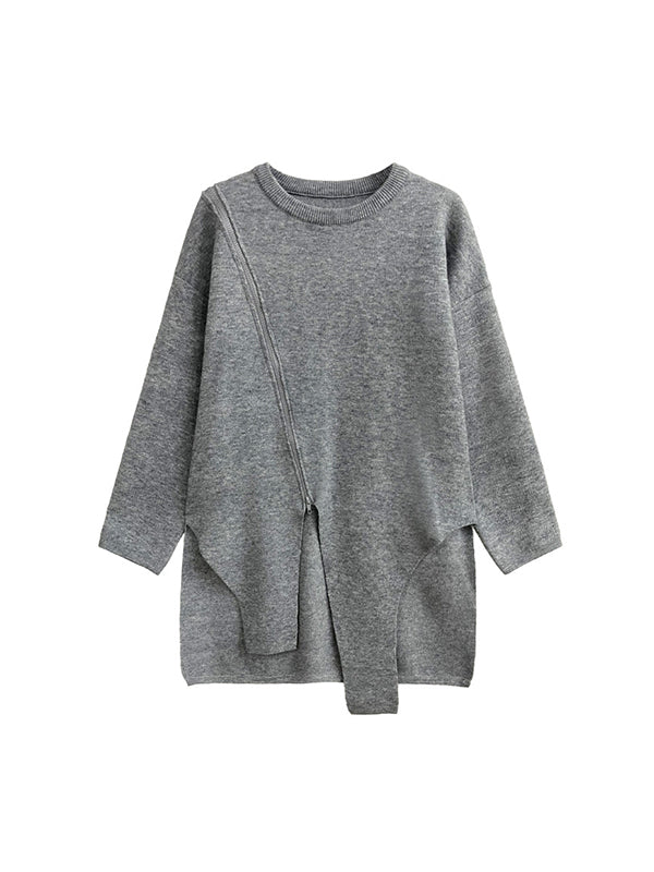 Street Grey Round-neck Zipper Decor Irregular High-low Hem Long Sleeve Sweater AN1067 Genistyle Shop