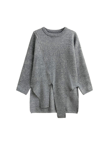 Street Grey Round-neck Zipper Decor Irregular High-low Hem Long Sleeve Sweater AN1067 Genistyle Shop